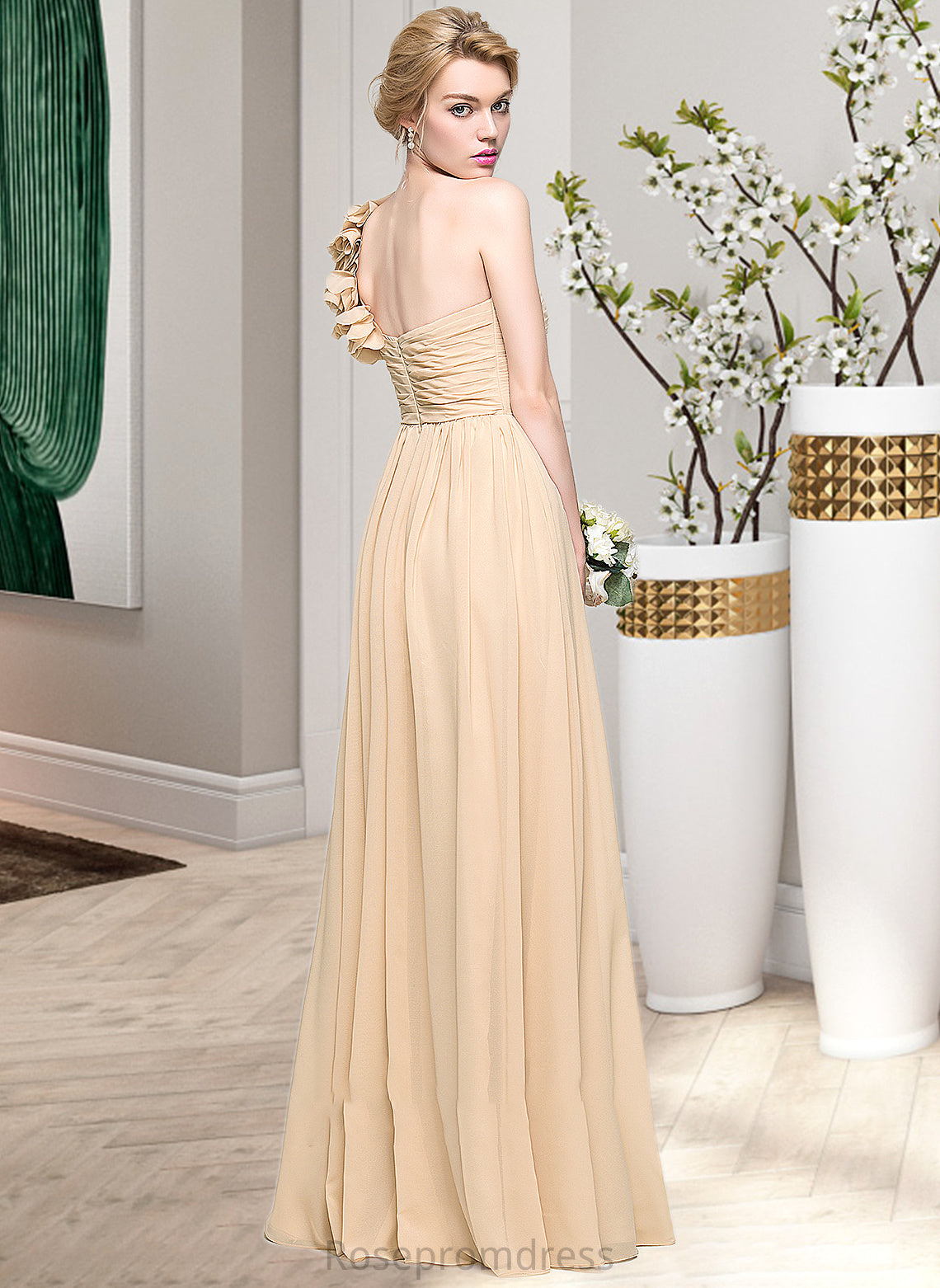Journey A-Line One-Shoulder Floor-Length Chiffon Bridesmaid Dress With Ruffle Flower(s) SRSP0012887