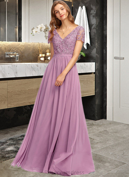 Camille A-Line V-neck Floor-Length Chiffon Bridesmaid Dress With Split Front SRSP0012890