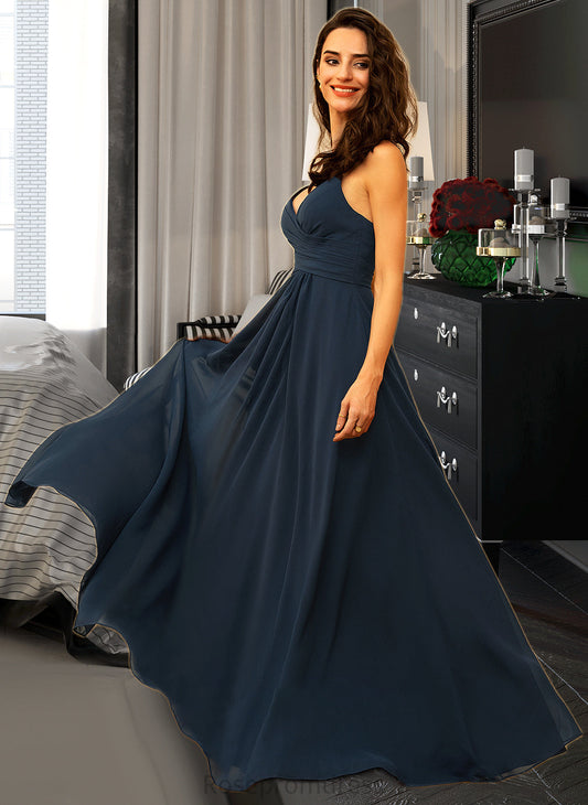 Julianne A-Line V-neck Floor-Length Chiffon Bridesmaid Dress With Ruffle SRSP0012891