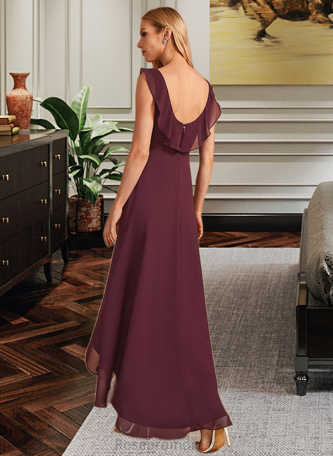 Moira A-Line V-neck Asymmetrical Bridesmaid Dress With Ruffle SRSP0012893