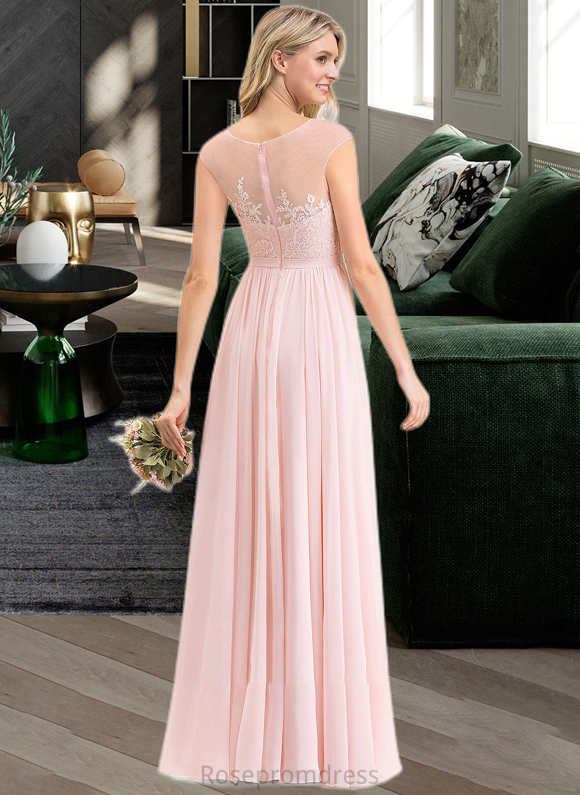 Everleigh A-Line Scoop Neck Floor-Length Chiffon Lace Bridesmaid Dress With Split Front SRSP0012896