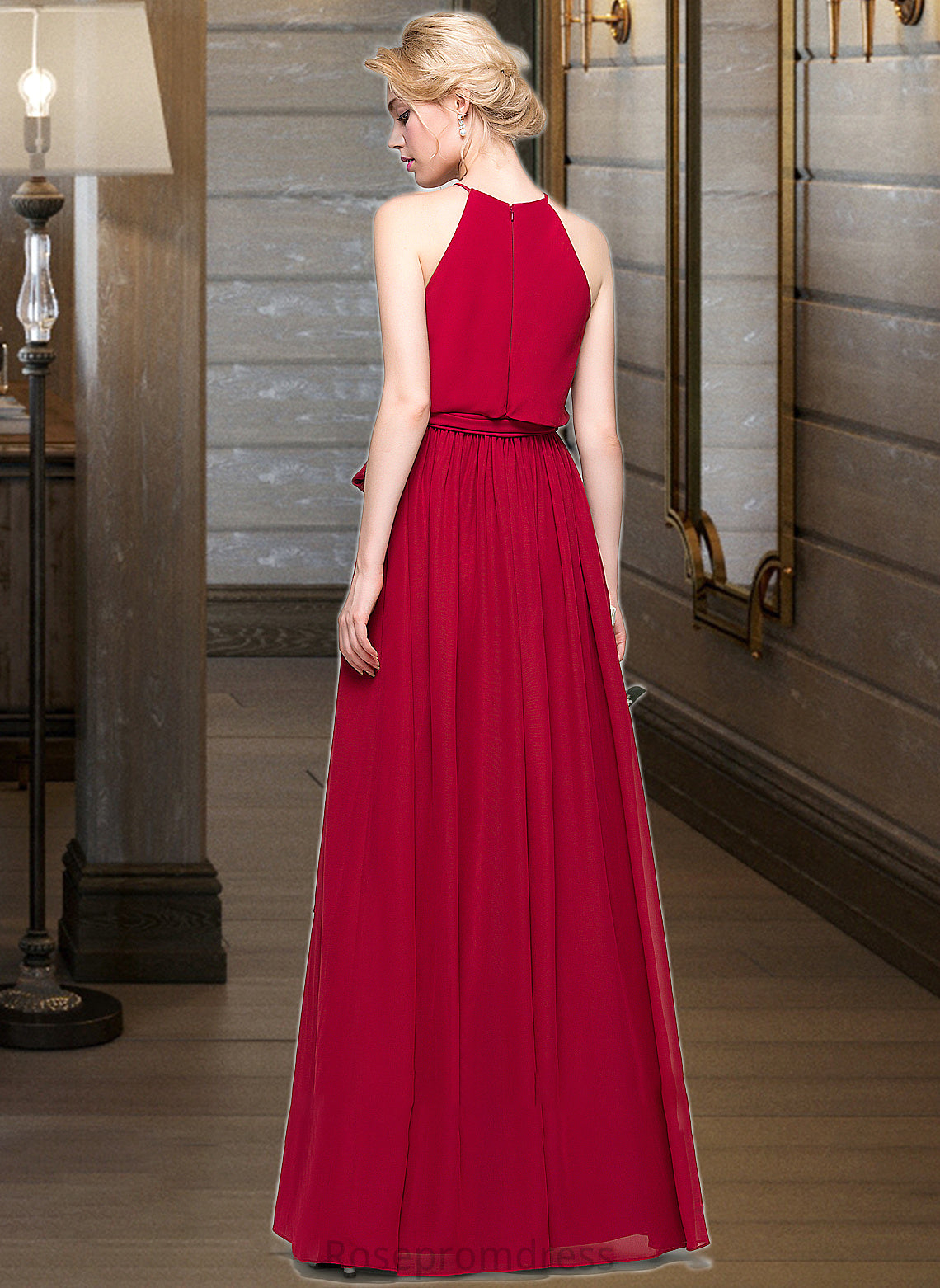 Mavis A-Line Scoop Neck Floor-Length Chiffon Bridesmaid Dress With Bow(s) SRSP0012902