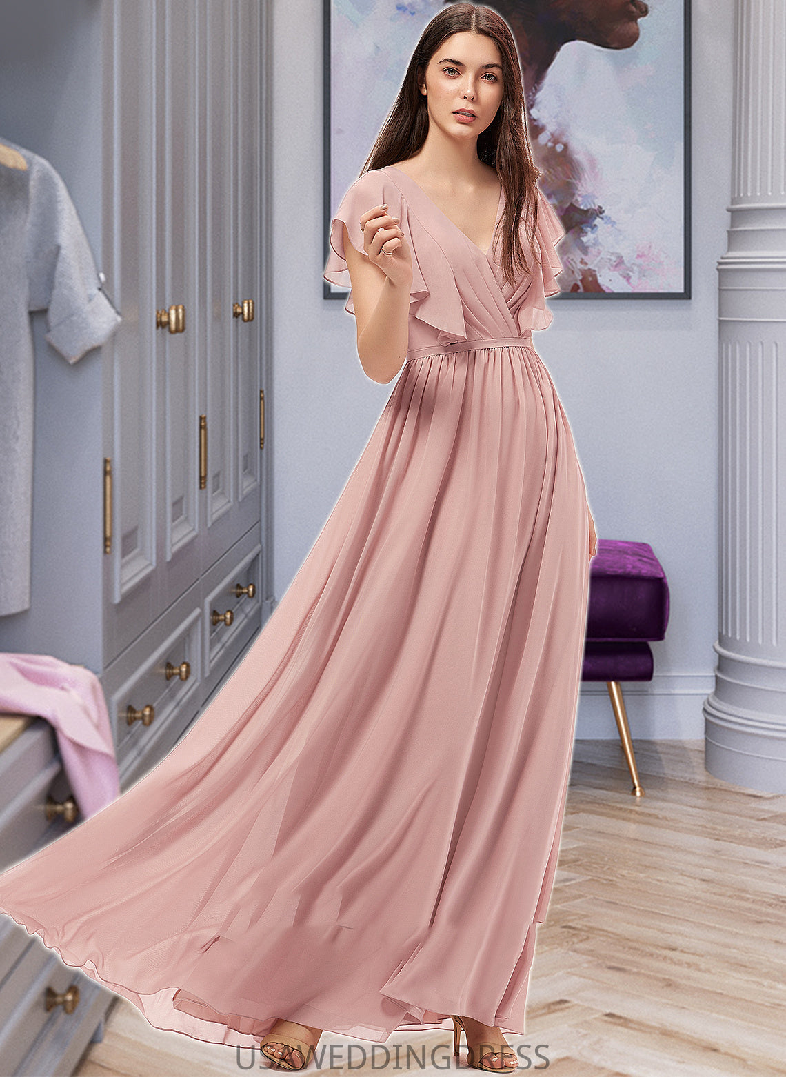 Alicia A-Line V-neck Floor-Length Chiffon Bridesmaid Dress With Split Front DSP0012903