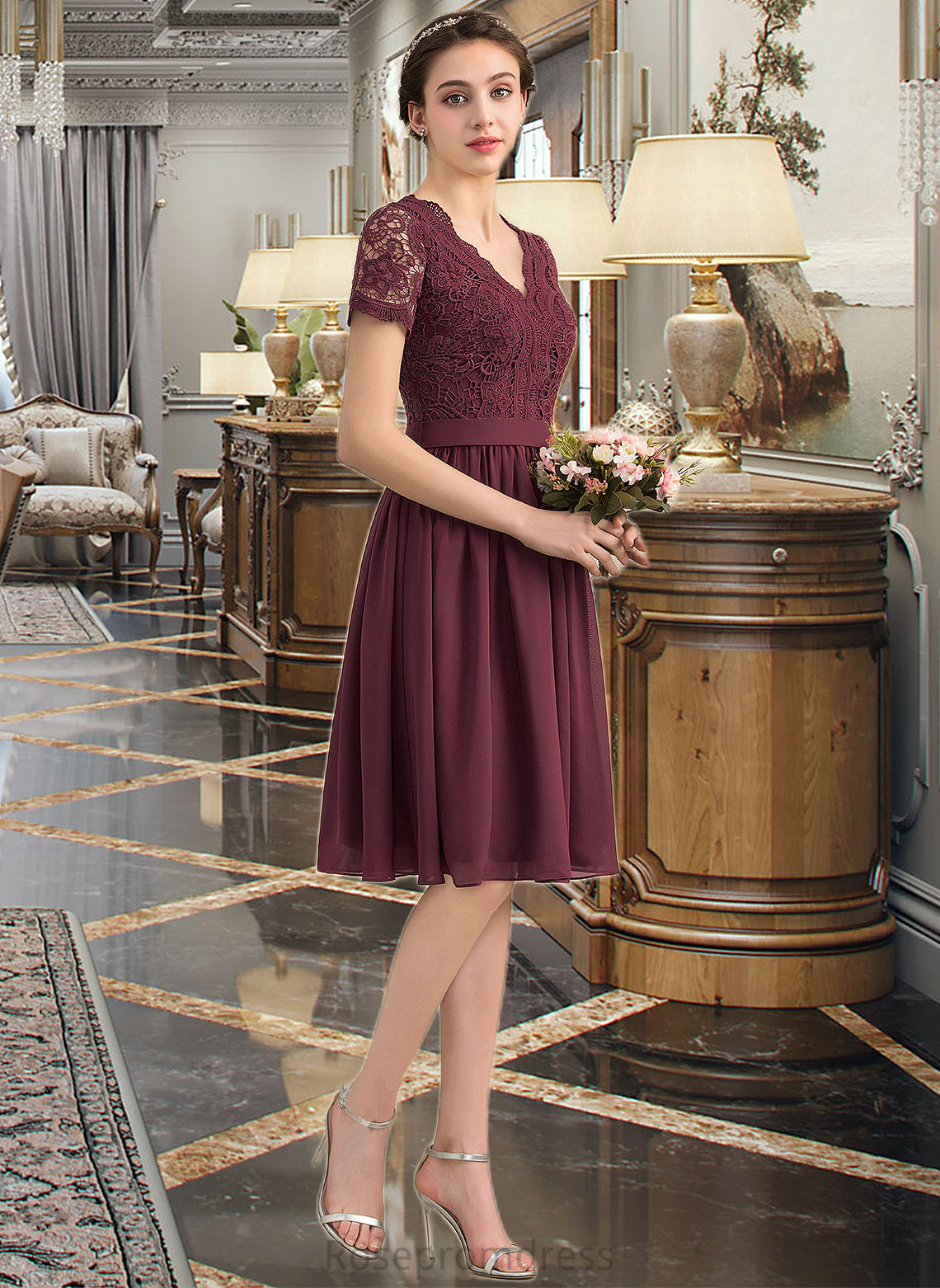 Prudence A-line V-Neck Knee-Length Chiffon Lace Bridesmaid Dress SRSP0012904