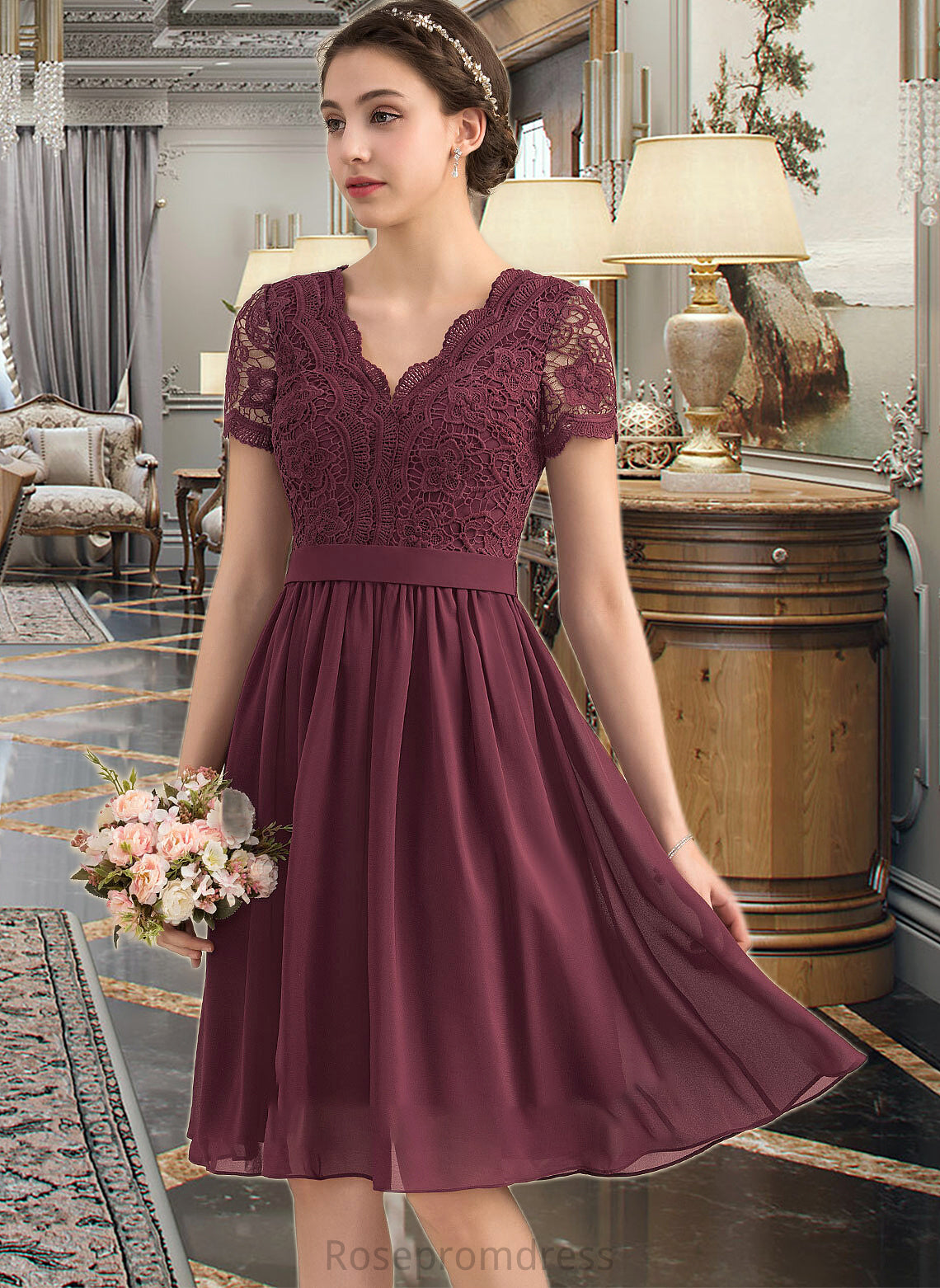 Prudence A-line V-Neck Knee-Length Chiffon Lace Bridesmaid Dress SRSP0012904