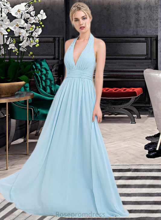 Cynthia A-line Halter Floor-Length Chiffon Bridesmaid Dress With Ruffle SRSP0012905