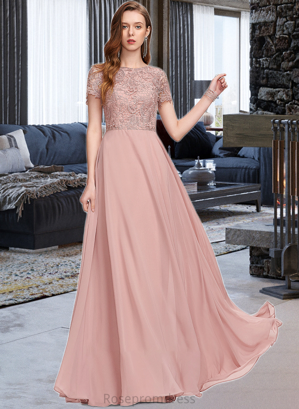 Sasha A-Line Scoop Neck Floor-Length Chiffon Bridesmaid Dress With Sequins SRSP0012908