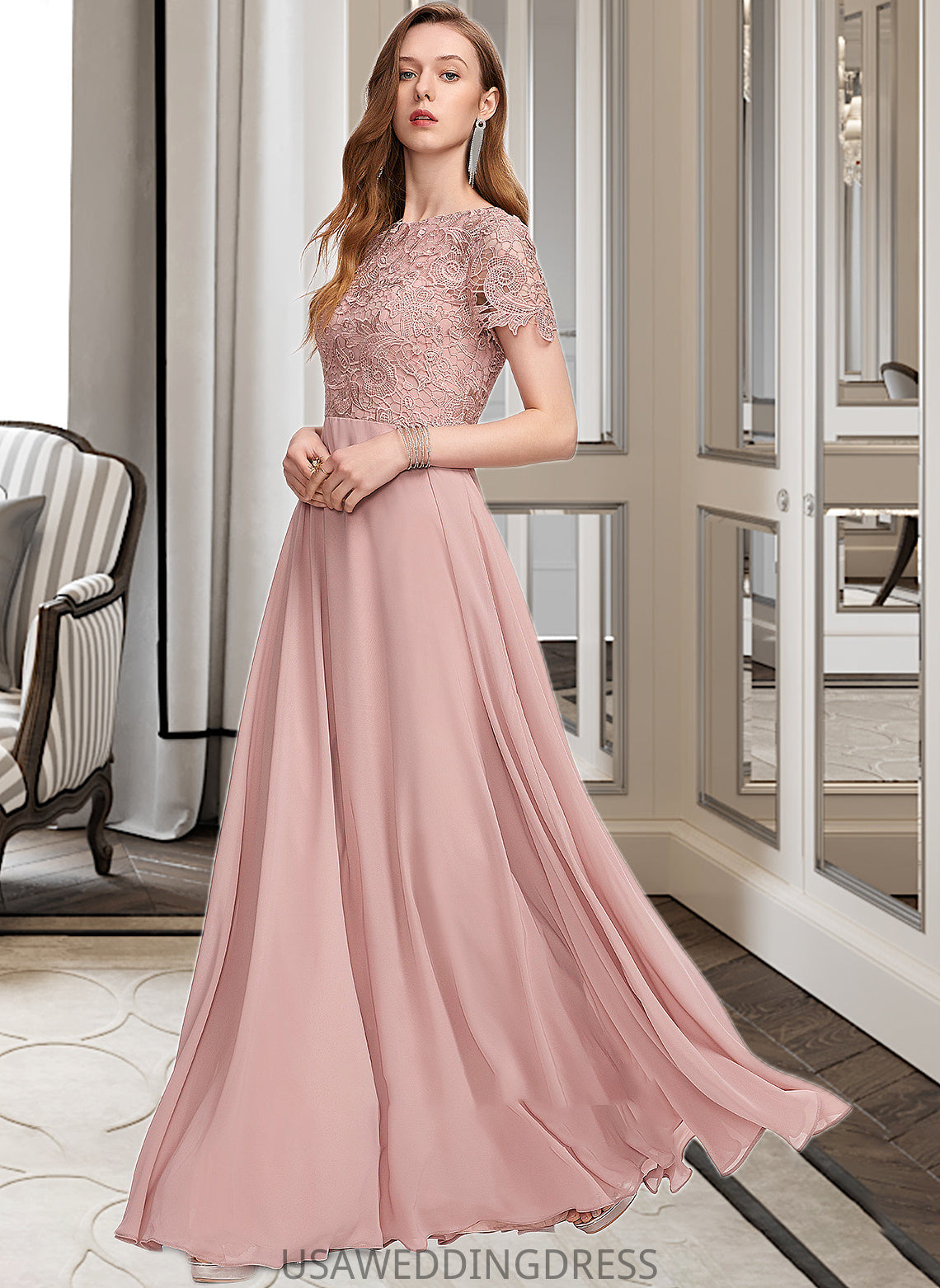 Tess A-Line Scoop Neck Floor-Length Chiffon Bridesmaid Dress With Sequins DSP0012908