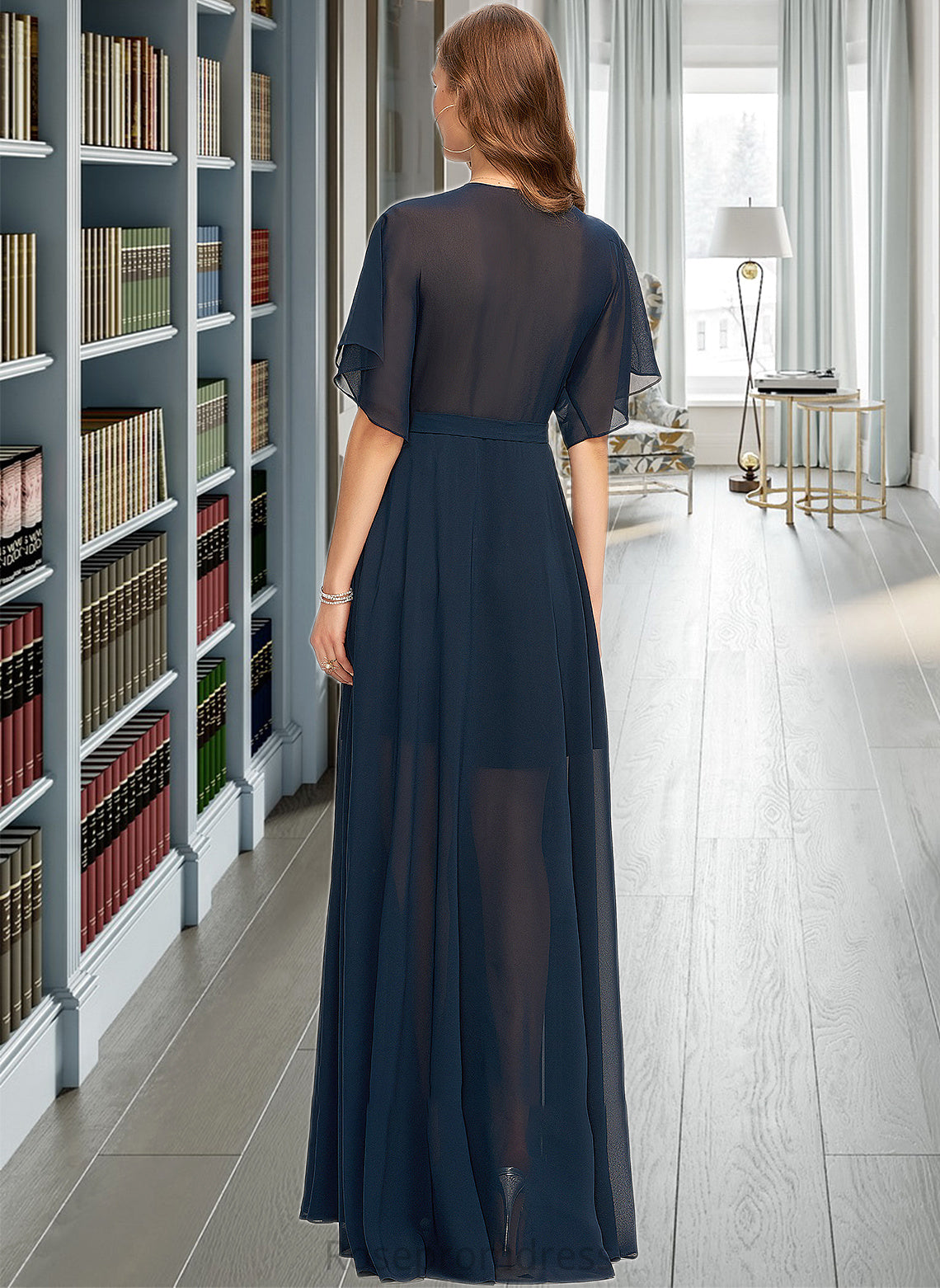 Skyla A-Line V-neck Floor-Length Chiffon Bridesmaid Dress With Split Front SRSP0012909