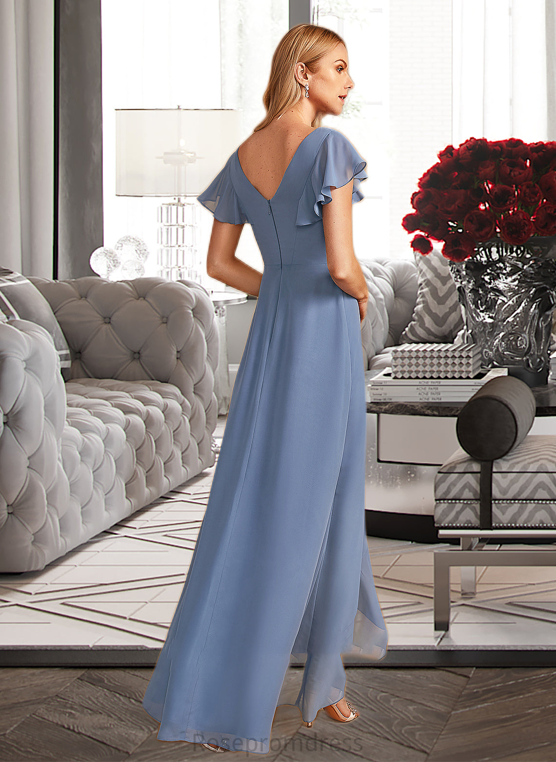 Reyna A-Line V-neck Asymmetrical Bridesmaid Dress With Ruffle Split Front SRSP0012912