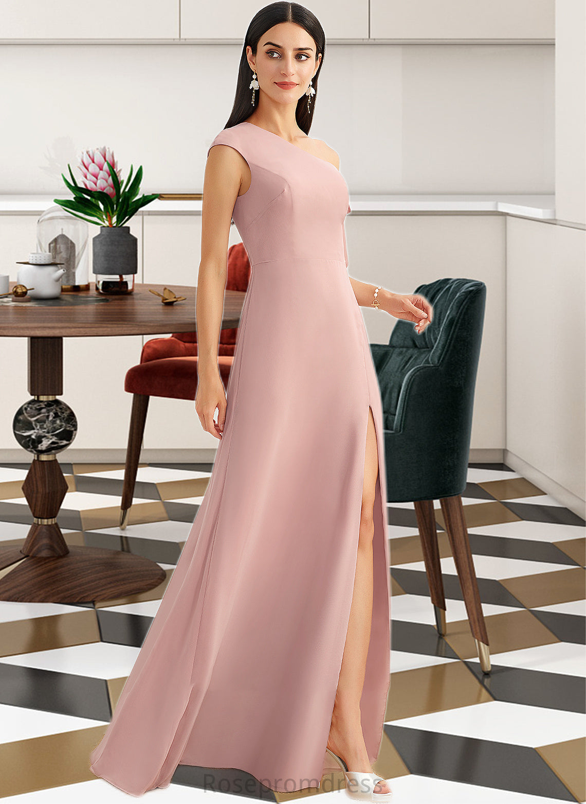 Kristin A-Line One-Shoulder Floor-Length Bridesmaid Dress With Bow(s) SRSP0012914