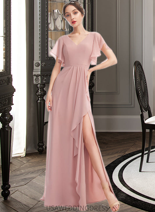 Judith A-Line V-neck Floor-Length Bridesmaid Dress With Ruffle Split Front DSP0012923