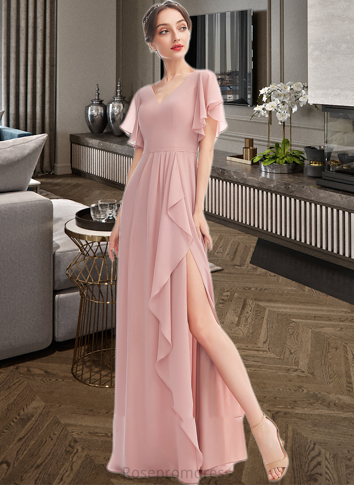 Nicola A-Line V-neck Floor-Length Bridesmaid Dress With Ruffle Split Front SRSP0012923