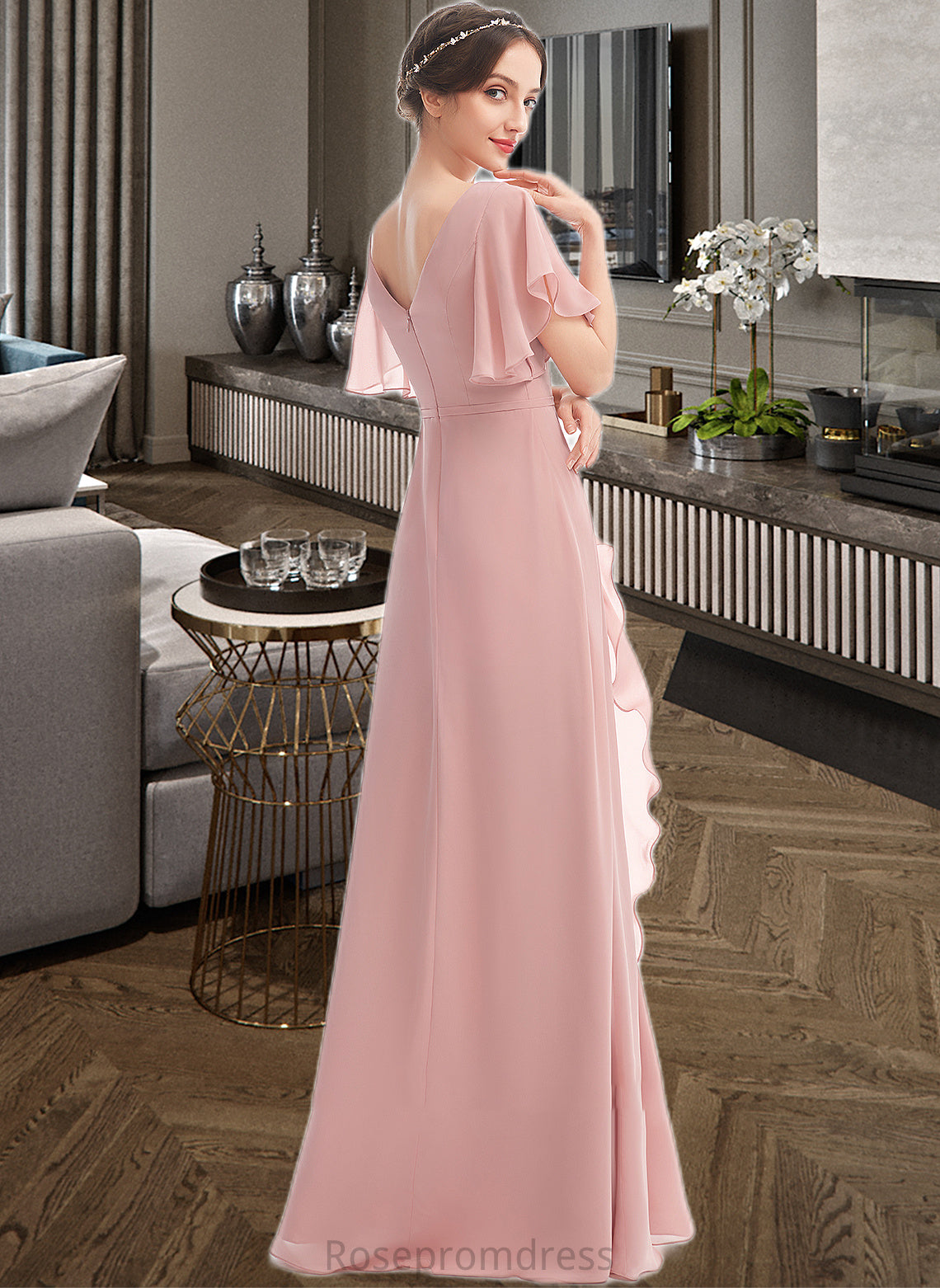 Nicola A-Line V-neck Floor-Length Bridesmaid Dress With Ruffle Split Front SRSP0012923