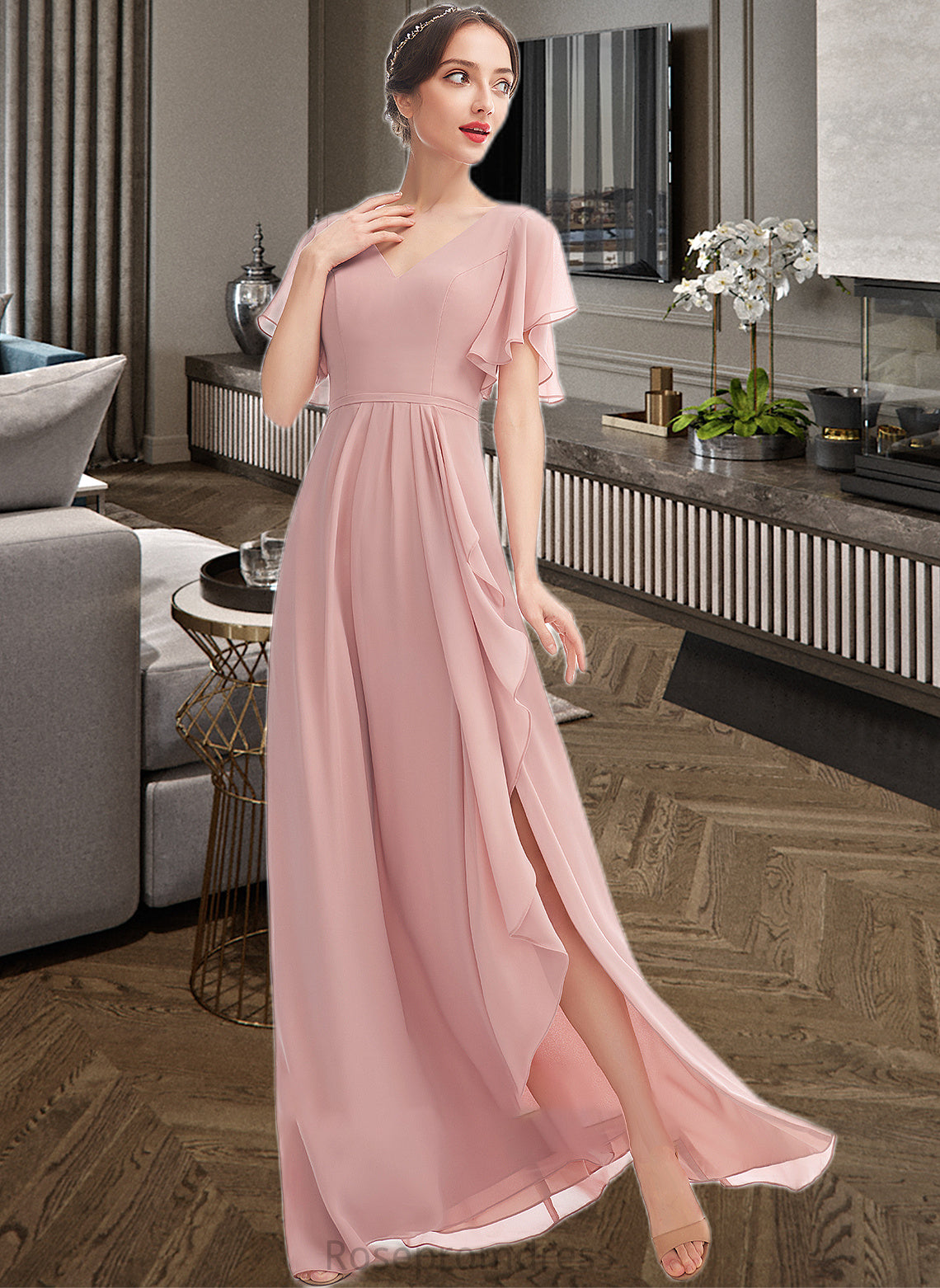 Nicola A-Line V-neck Floor-Length Bridesmaid Dress With Ruffle Split Front SRSP0012923