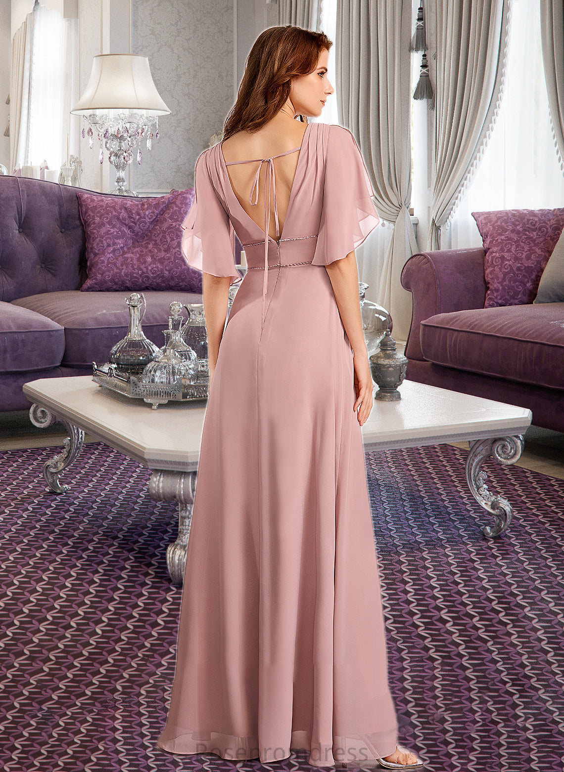 Adelyn A-Line V-neck Floor-Length Bridesmaid Dress SRSP0012927