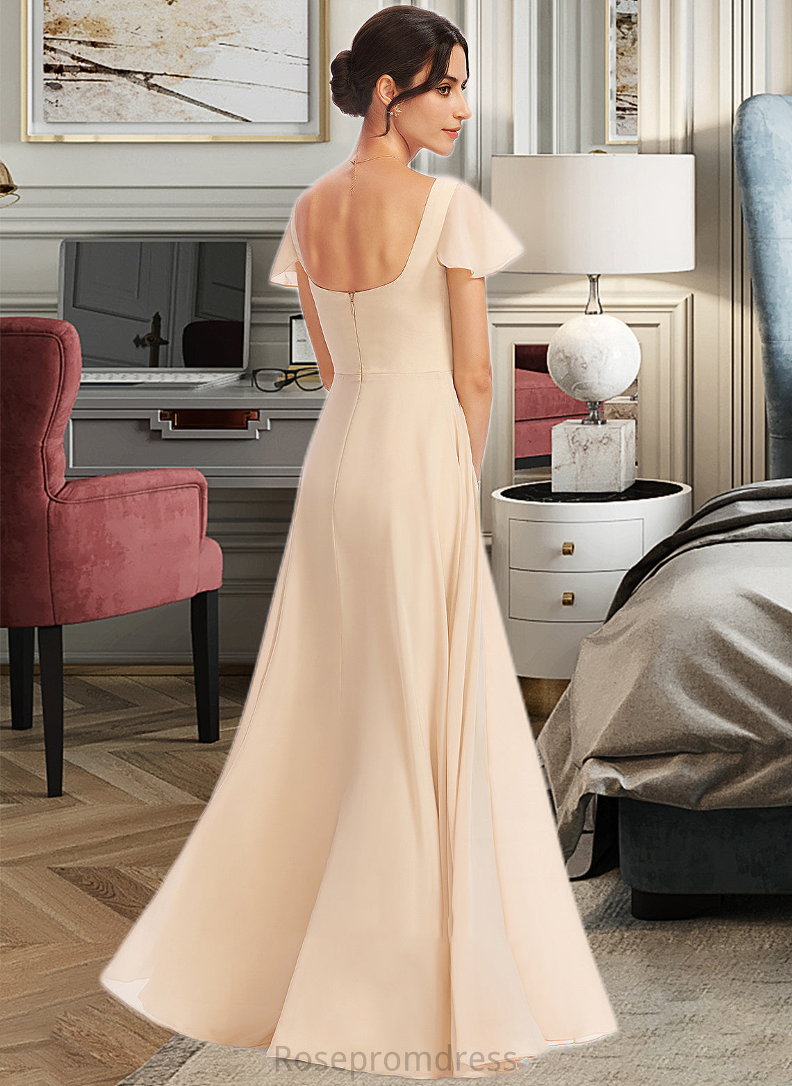 Ellen A-Line Square Neckline Floor-Length Bridesmaid Dress With Cascading Ruffles SRSP0012928