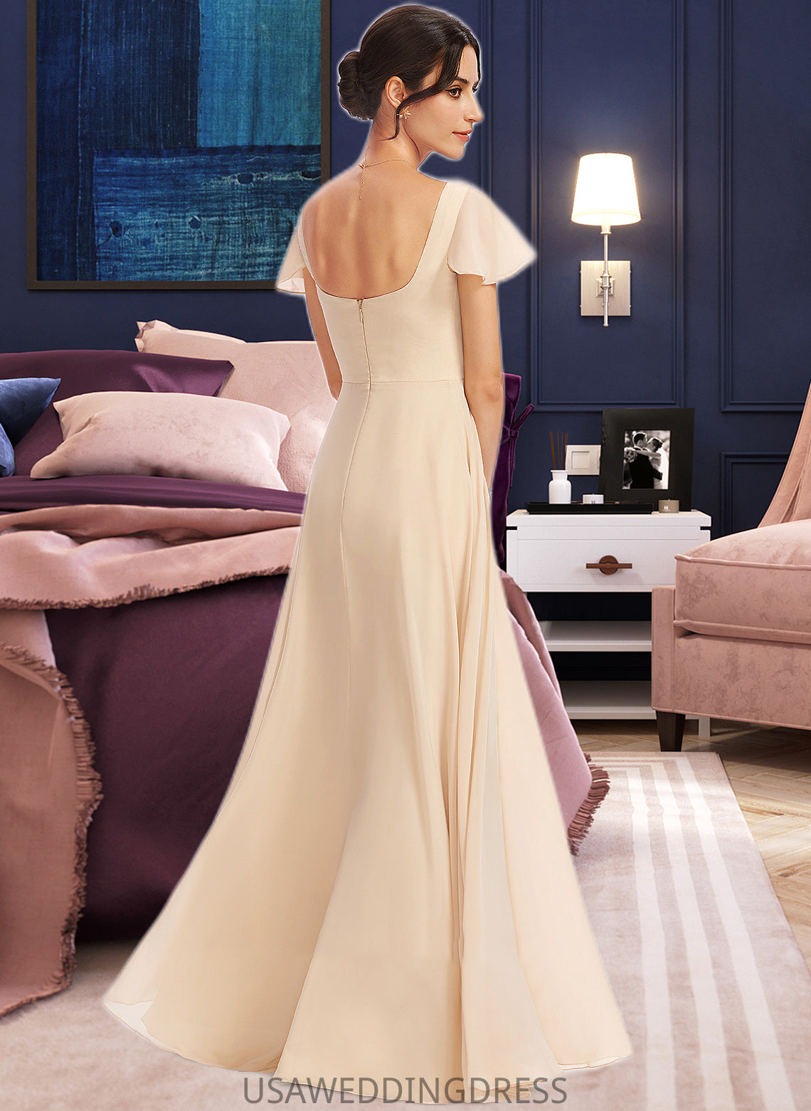 Evelyn A-Line Square Neckline Floor-Length Bridesmaid Dress With Cascading Ruffles DSP0012928