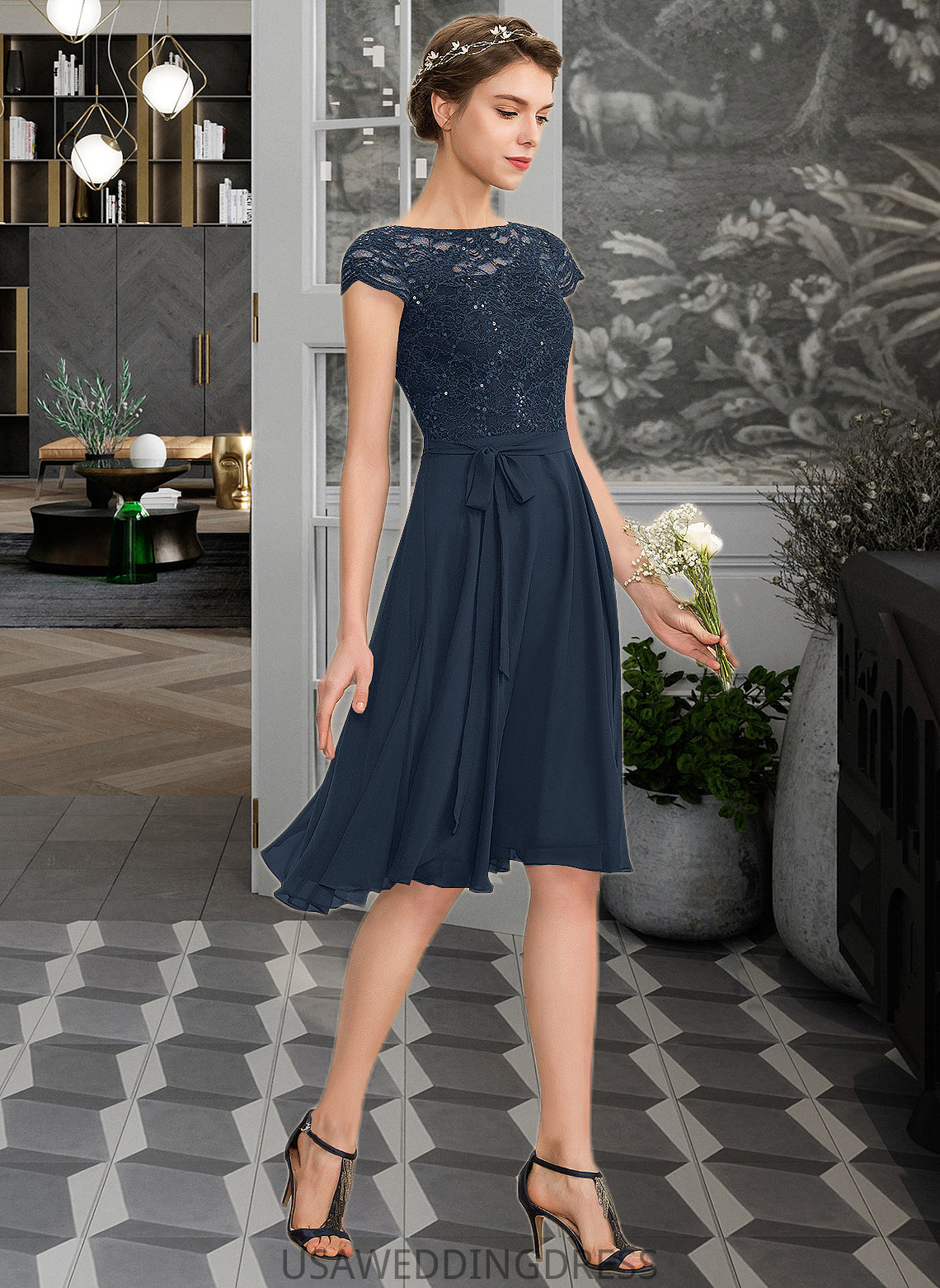 Evangeline A-Line Scoop Neck Knee-Length Chiffon Lace Bridesmaid Dress With Sequins Bow(s) DSP0012929