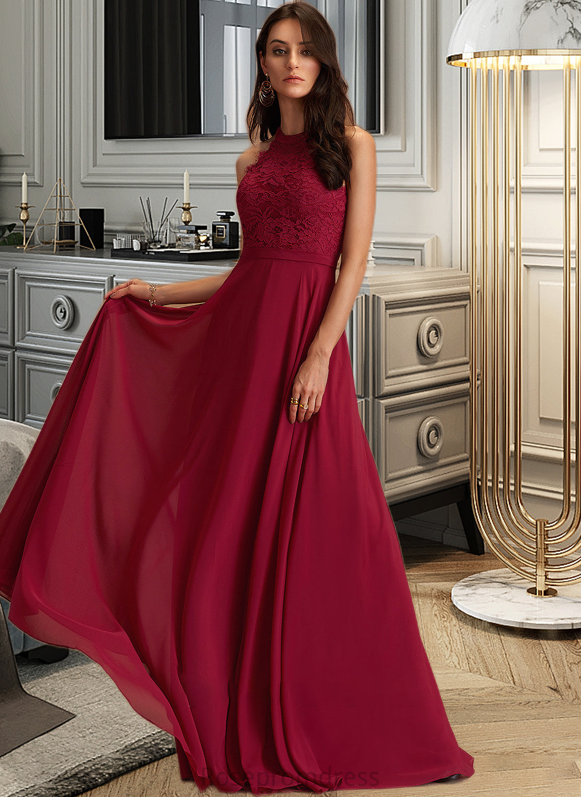 Sabrina A-Line Scoop Neck Floor-Length Chiffon Bridesmaid Dress With Lace SRSP0012931
