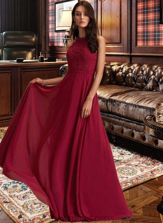 Lacey A-Line Scoop Neck Floor-Length Chiffon Bridesmaid Dress With Lace DSP0012931