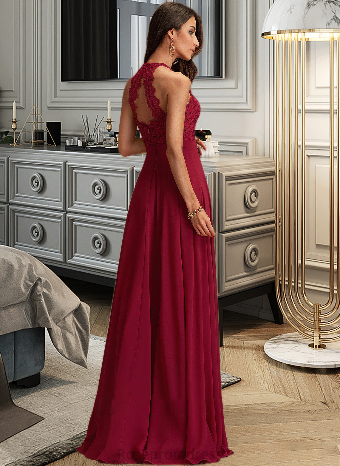 Sabrina A-Line Scoop Neck Floor-Length Chiffon Bridesmaid Dress With Lace SRSP0012931