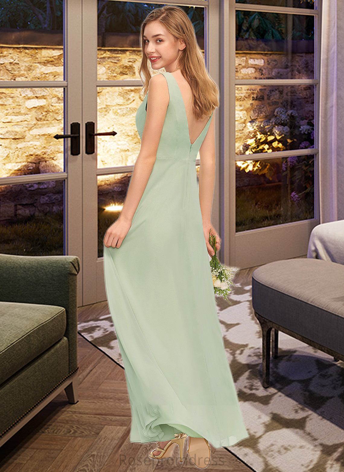 Millicent A-Line V-neck Floor-Length Chiffon Bridesmaid Dress With Ruffle Split Front SRSP0012933