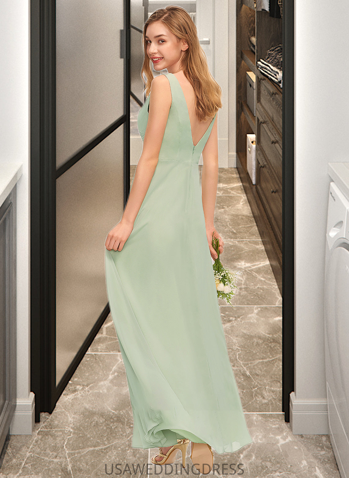 Henrietta A-Line V-neck Floor-Length Chiffon Bridesmaid Dress With Ruffle Split Front DSP0012933