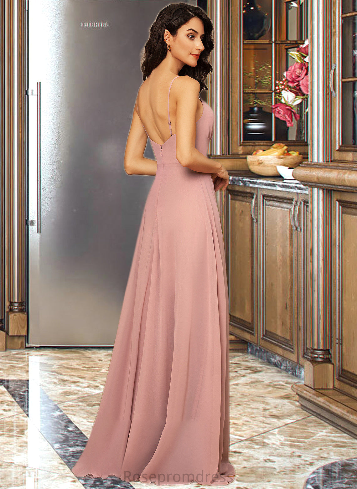 Jasmin A-Line V-neck Floor-Length Chiffon Bridesmaid Dress With Ruffle Split Front SRSP0012936
