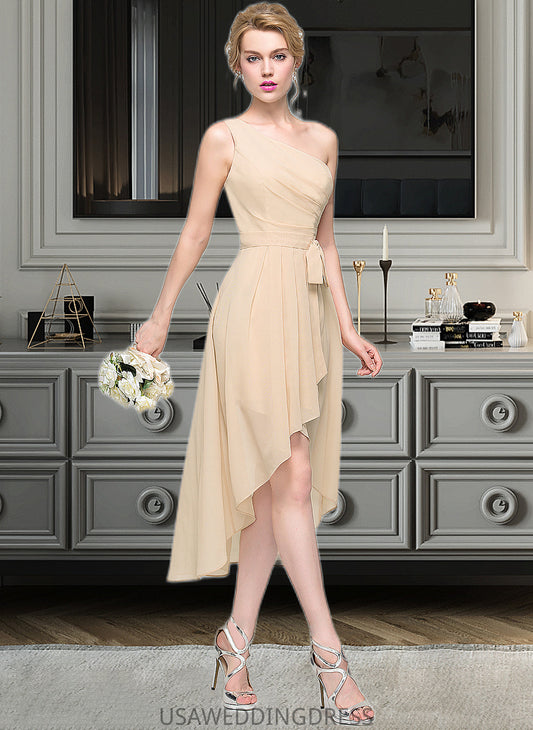 Adrianna A-Line One-Shoulder Asymmetrical Chiffon Bridesmaid Dress With Ruffle Bow(s) Cascading Ruffles DSP0012937