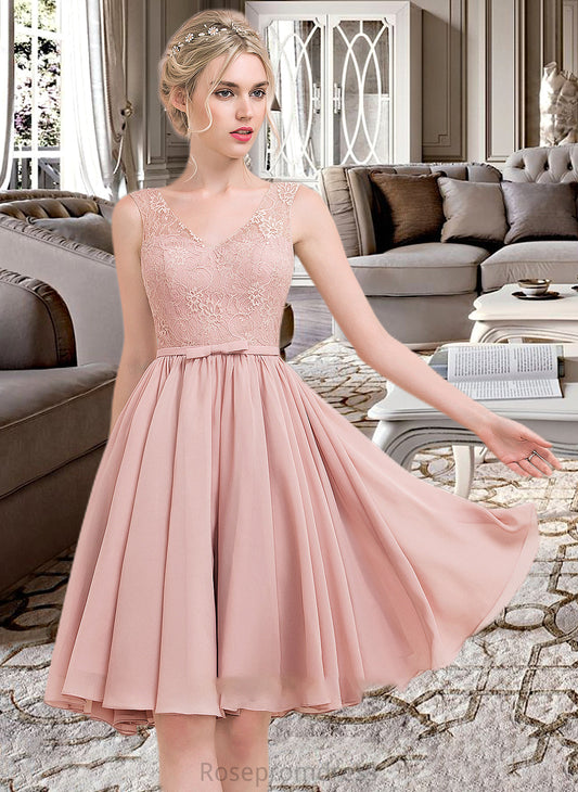 Olga A-Line V-neck Knee-Length Chiffon Lace Bridesmaid Dress With Bow(s) SRSP0012939