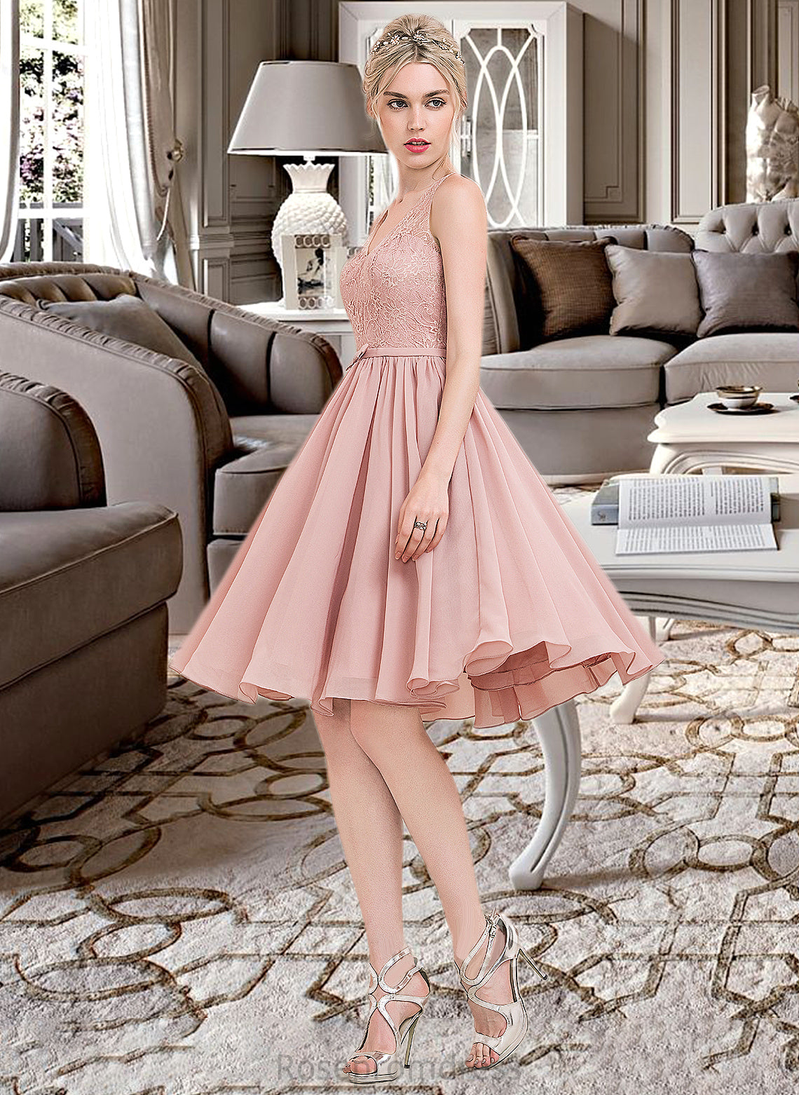 Olga A-Line V-neck Knee-Length Chiffon Lace Bridesmaid Dress With Bow(s) SRSP0012939