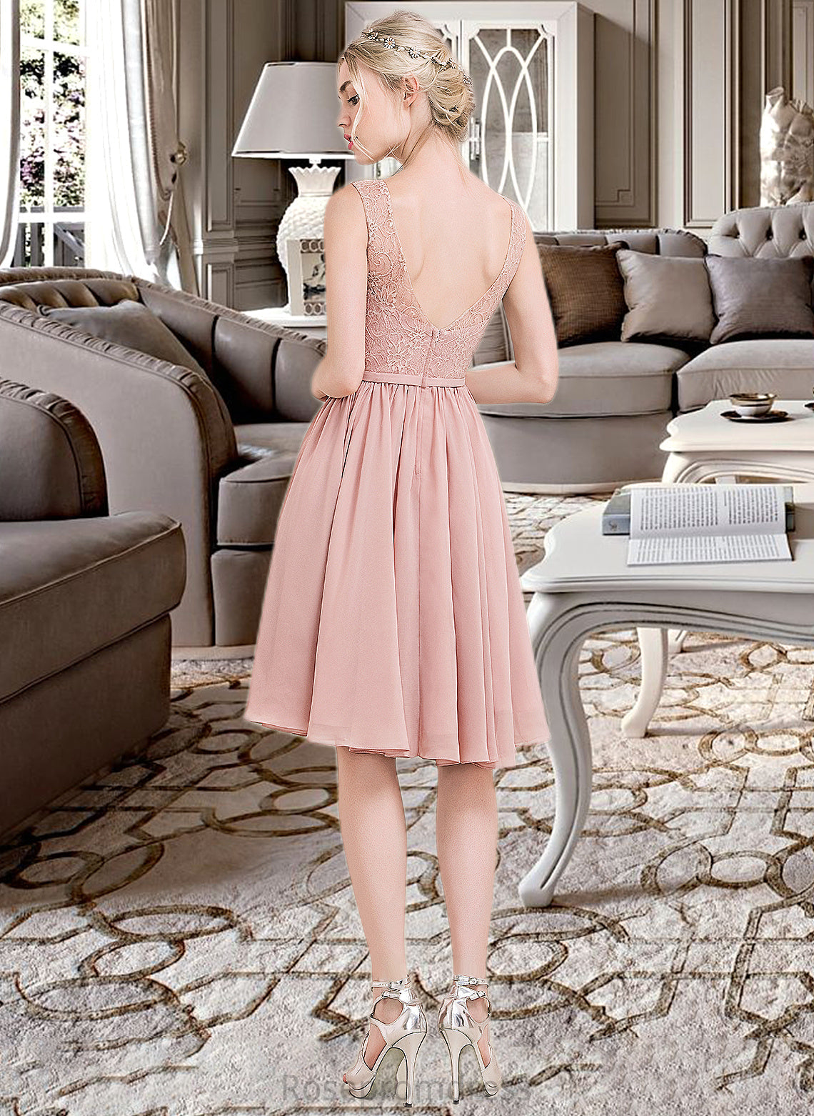 Olga A-Line V-neck Knee-Length Chiffon Lace Bridesmaid Dress With Bow(s) SRSP0012939