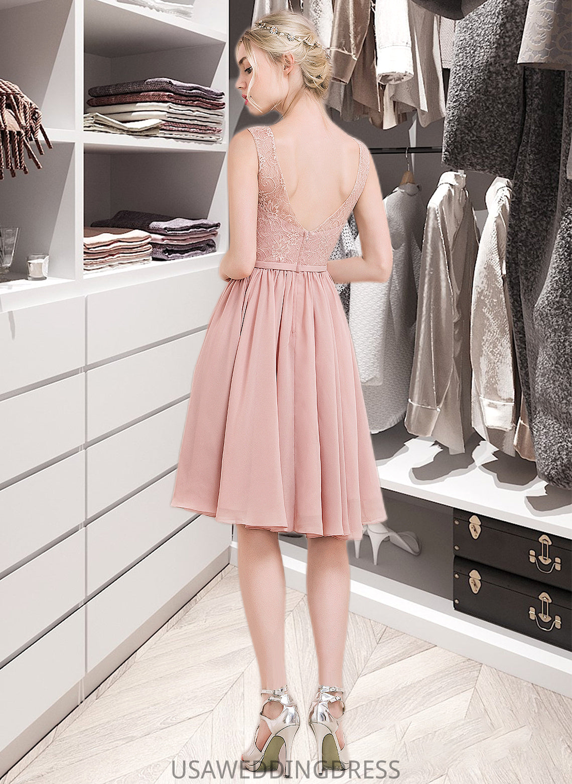 Meghan A-Line V-neck Knee-Length Chiffon Lace Bridesmaid Dress With Bow(s) DSP0012939