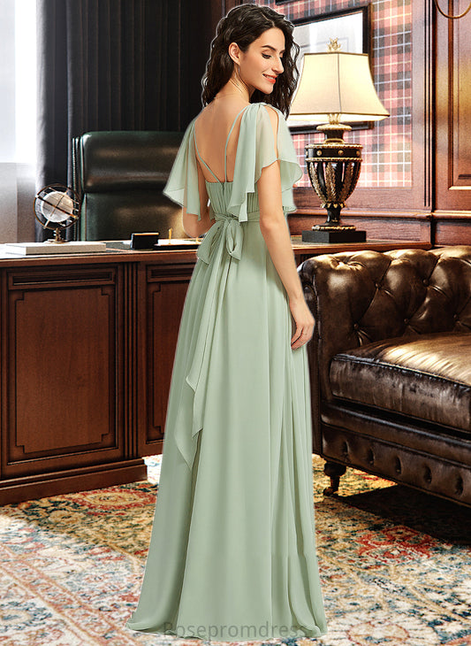 Aubrey A-Line V-neck Floor-Length Bridesmaid Dress With Ruffle SRSP0012940