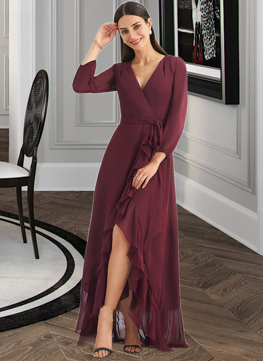 Rubi A-Line V-neck Asymmetrical Bridesmaid Dress With Ruffle Split Front SRSP0012945