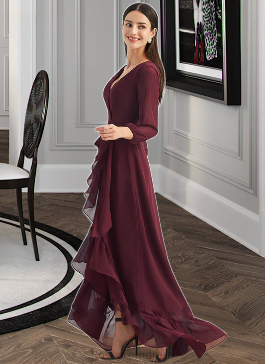 Rubi A-Line V-neck Asymmetrical Bridesmaid Dress With Ruffle Split Front SRSP0012945