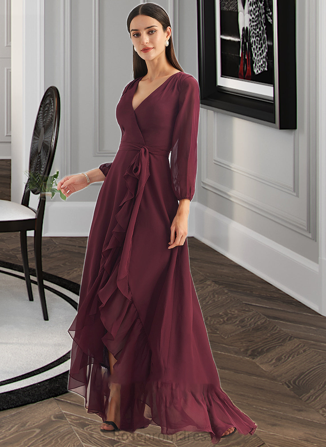 Rubi A-Line V-neck Asymmetrical Bridesmaid Dress With Ruffle Split Front SRSP0012945