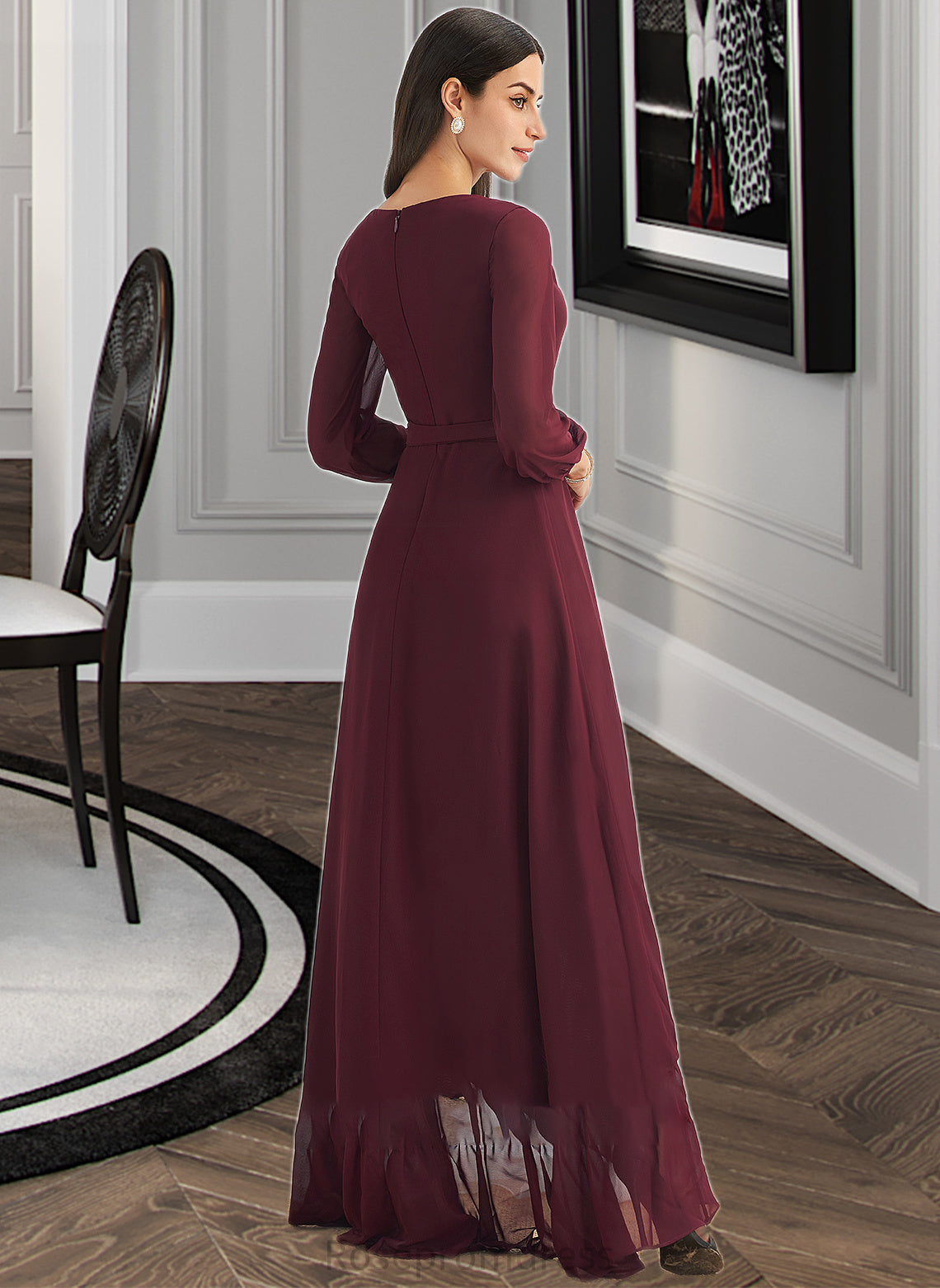 Rubi A-Line V-neck Asymmetrical Bridesmaid Dress With Ruffle Split Front SRSP0012945