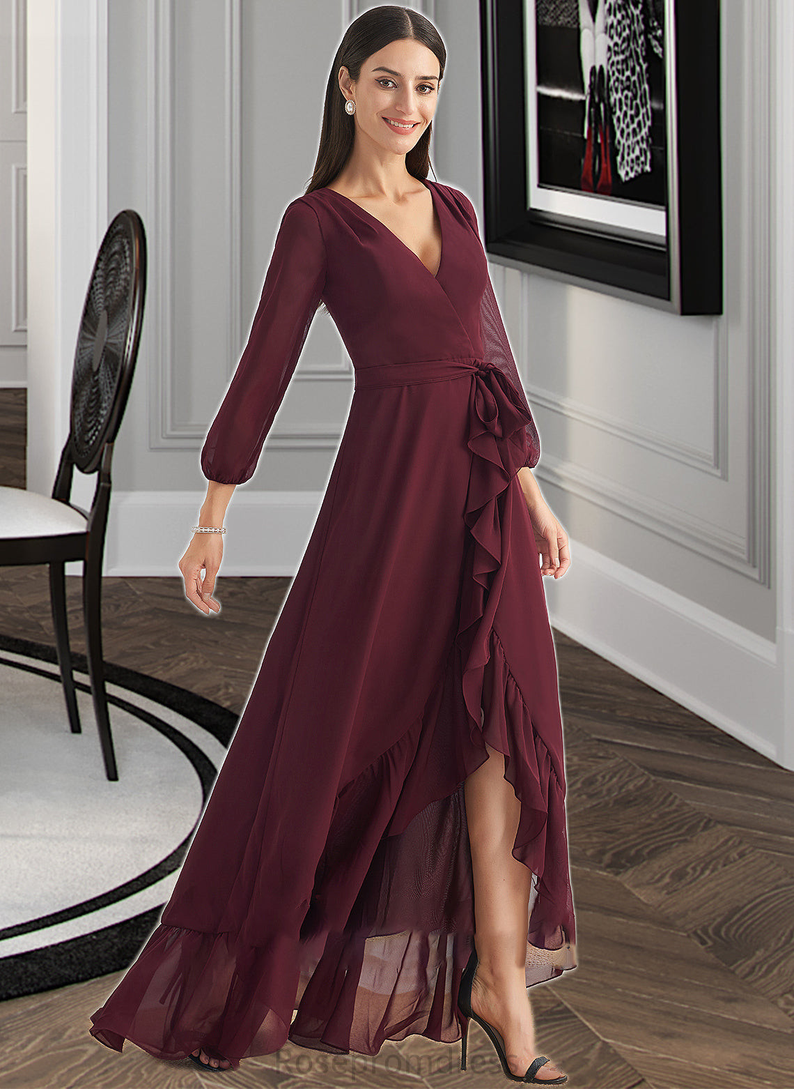Rubi A-Line V-neck Asymmetrical Bridesmaid Dress With Ruffle Split Front SRSP0012945