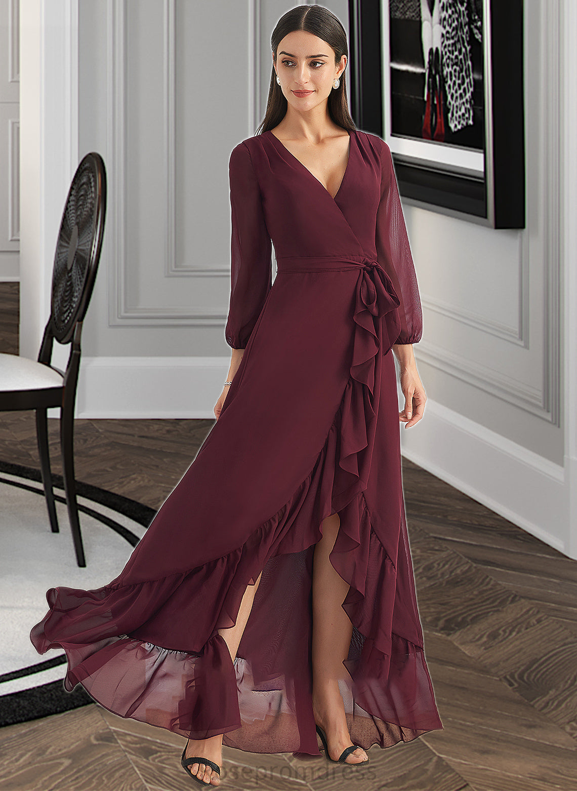 Rubi A-Line V-neck Asymmetrical Bridesmaid Dress With Ruffle Split Front SRSP0012945