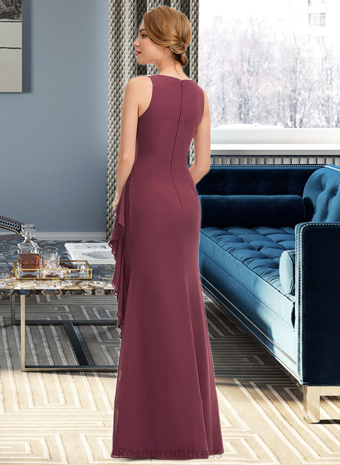 Lana A-Line Scoop Neck Floor-Length Chiffon Bridesmaid Dress With Split Front Cascading Ruffles SRSP0012947