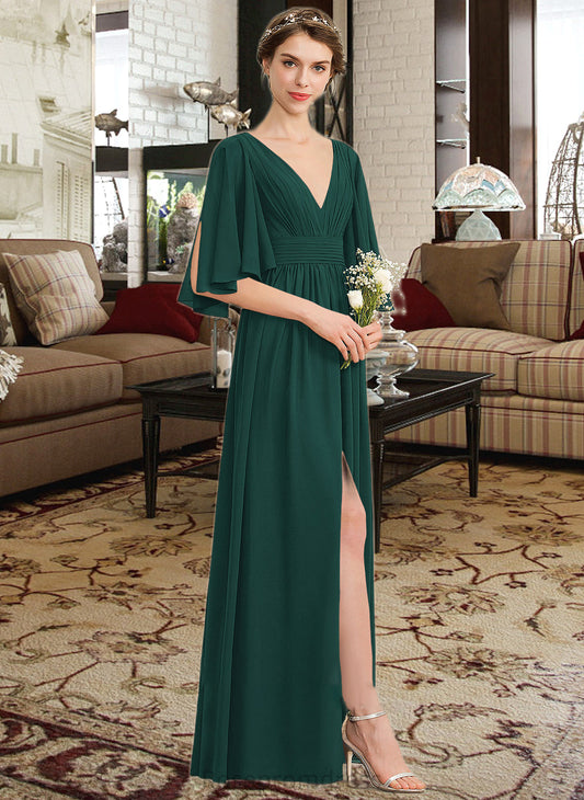 Cali A-Line V-neck Floor-Length Chiffon Bridesmaid Dress With Ruffle Bow(s) Split Front SRSP0012948