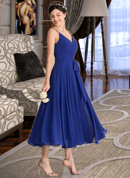 Itzel A-Line V-neck Tea-Length Chiffon Bridesmaid Dress With Ruffle Bow(s) SRSP0012958
