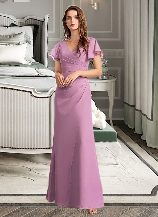 Tracy Sheath/Column V-neck Floor-Length Bridesmaid Dress With Ruffle SRSP0012960