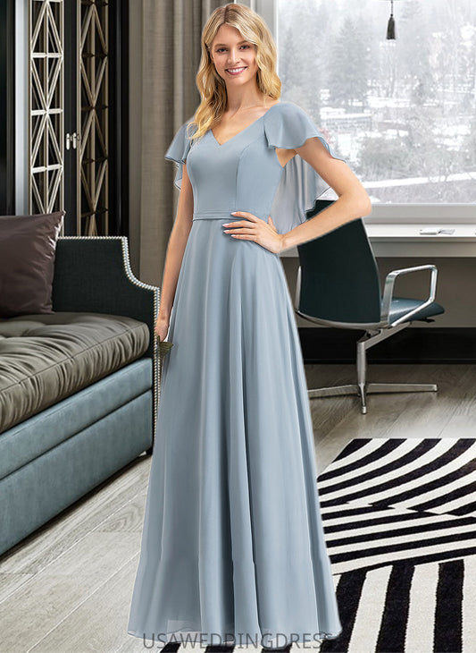Carley A-line V-Neck Floor-Length Chiffon Bridesmaid Dress With Cascading Ruffles DSP0012962