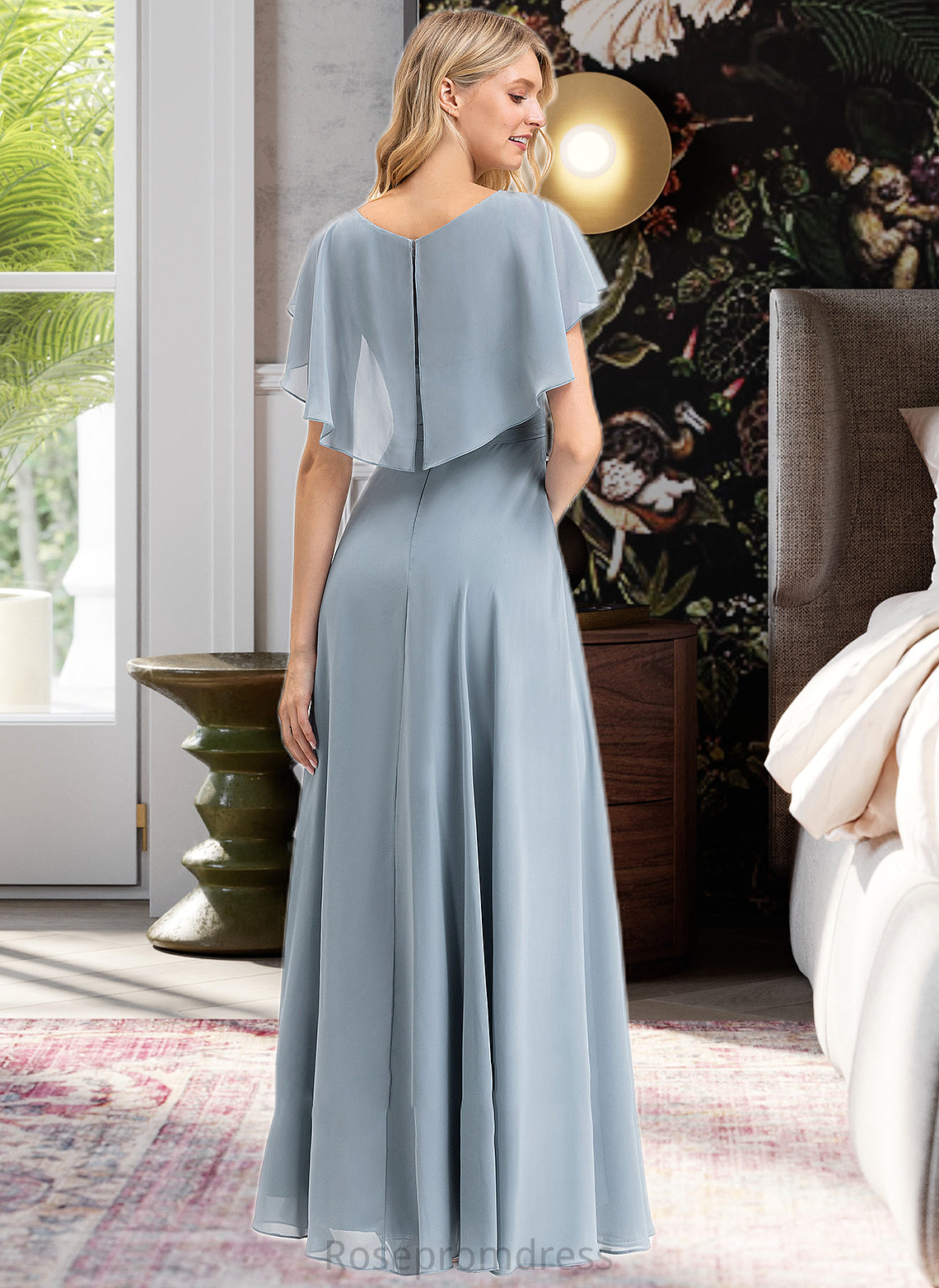 Seraphina A-line V-Neck Floor-Length Chiffon Bridesmaid Dress With Cascading Ruffles SRSP0012962