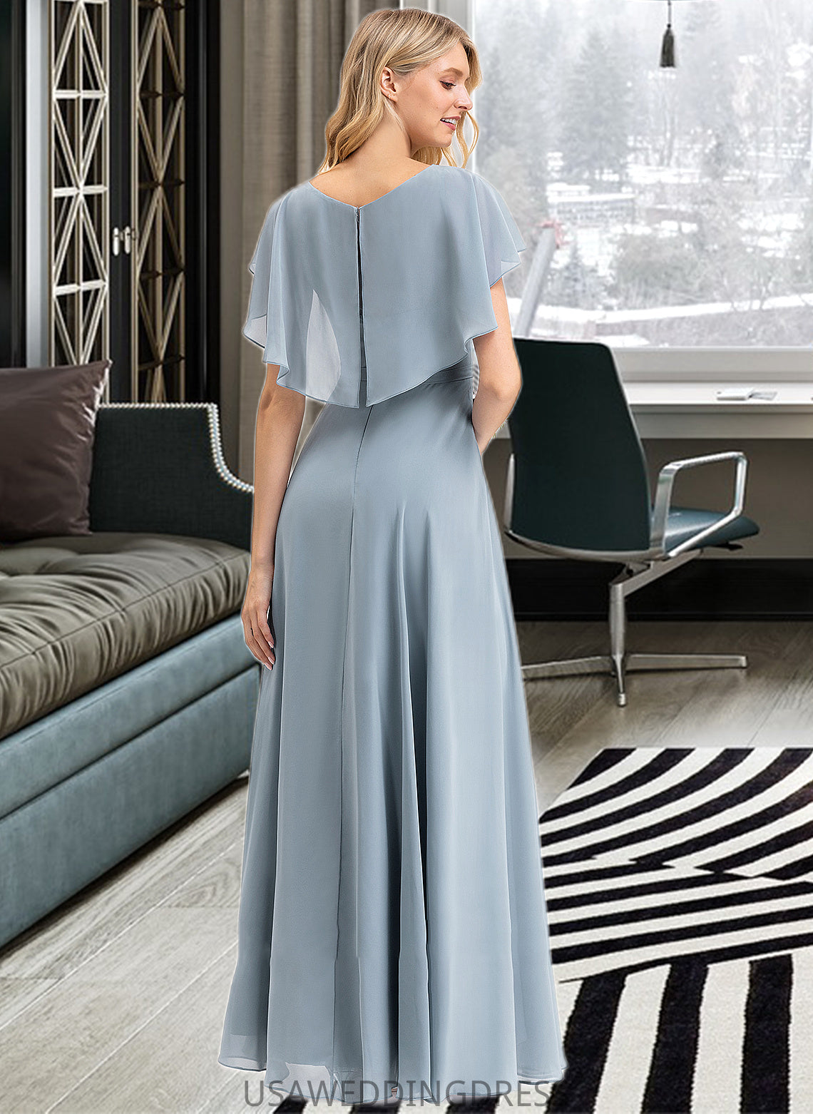 Carley A-line V-Neck Floor-Length Chiffon Bridesmaid Dress With Cascading Ruffles DSP0012962