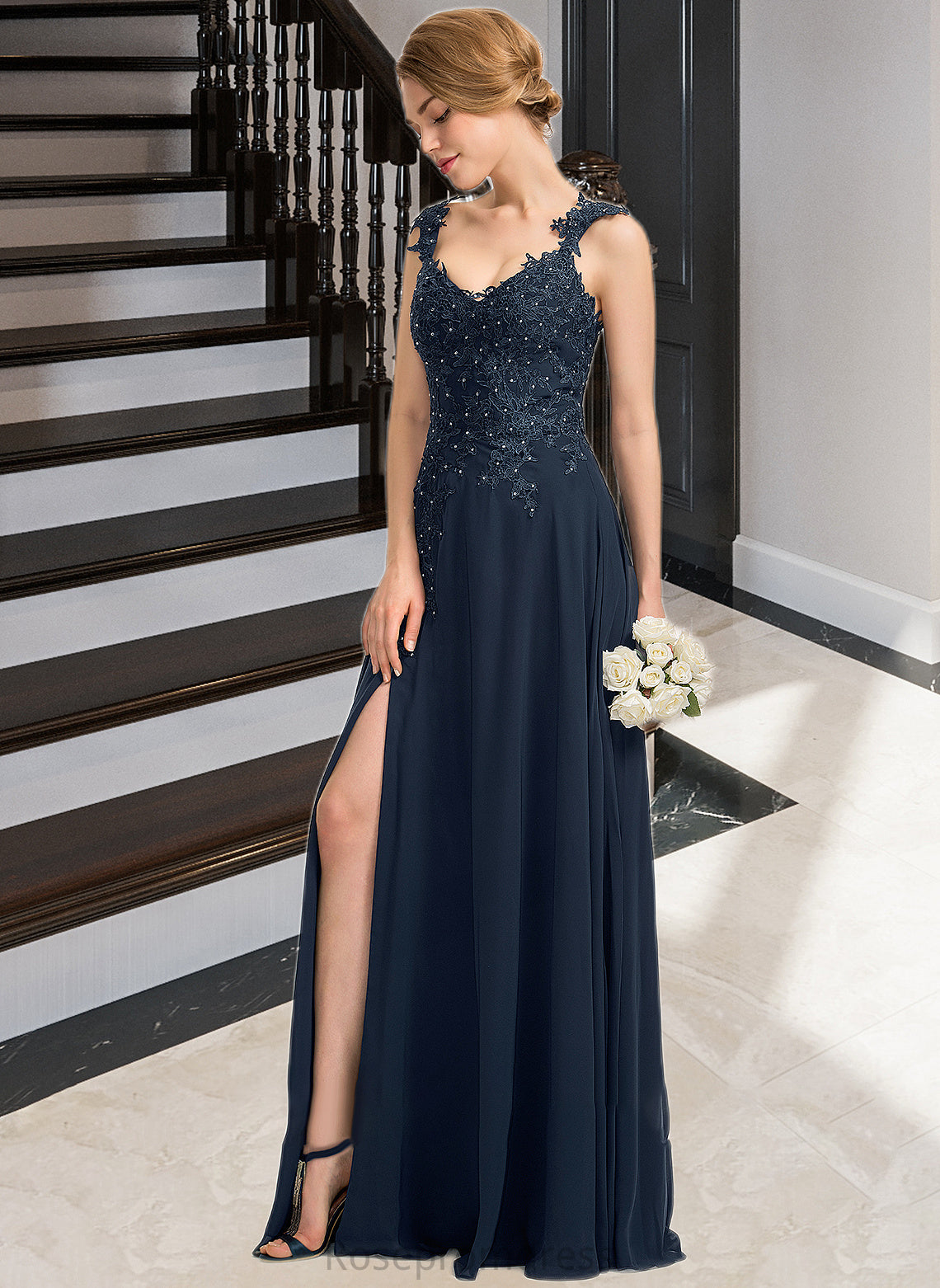 Nellie A-Line Sweetheart Floor-Length Chiffon Lace Bridesmaid Dress With Beading Split Front SRSP0012963
