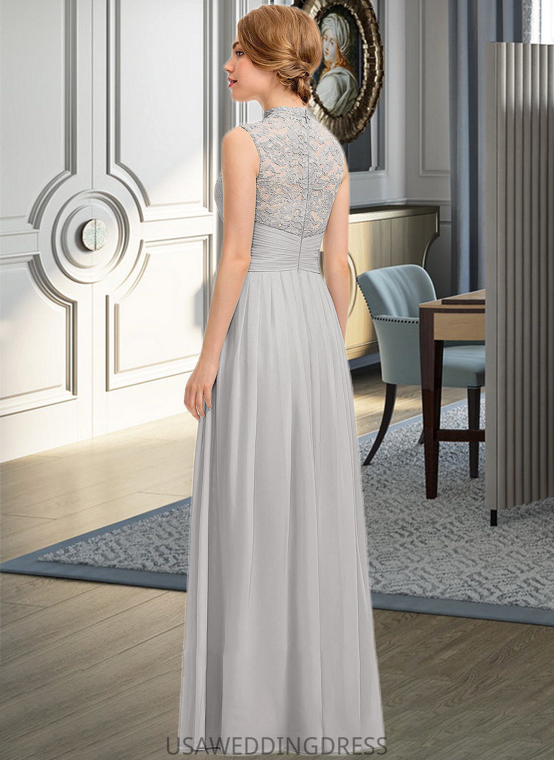 Angie A-line High Neck Floor-Length Chiffon Lace Bridesmaid Dress With Ruffle DSP0012966